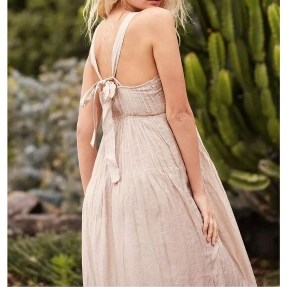 Free People Frankie Pintuck Beige Ruffle Maxi Dress with Pockets Women’s Large - Picture 2 of 15